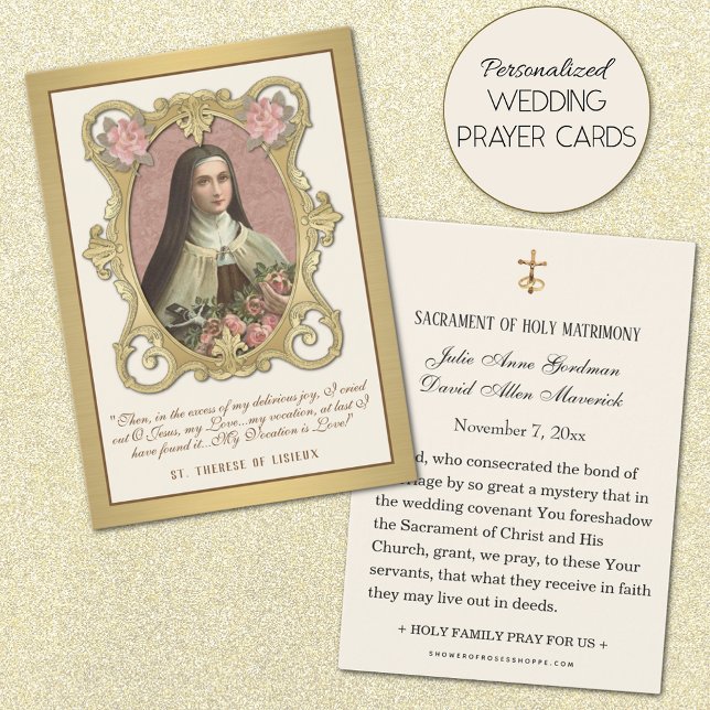 Elegant Guld St. Therese Ro Bröllop Heliga Card  Visitkort (Personalized Catholic Wedding Holy Card with Beautiful Image of St. Therese of Lisieux.)