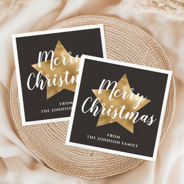 Elegant Guld Star-skript jul Pappersservett (Elegant Gold Star Script Christmas Napkins)