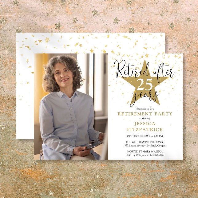 Elegant Guld Stars Photo Pension Party Inbjudningar (Elegant Gold Stars Photo Retirement Party Invitation)