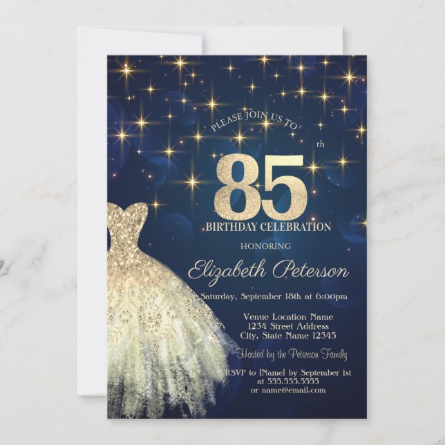 Elegant Guld Stars Trress Navy Blue 85 Birthday Inbjudningar (Framsida)