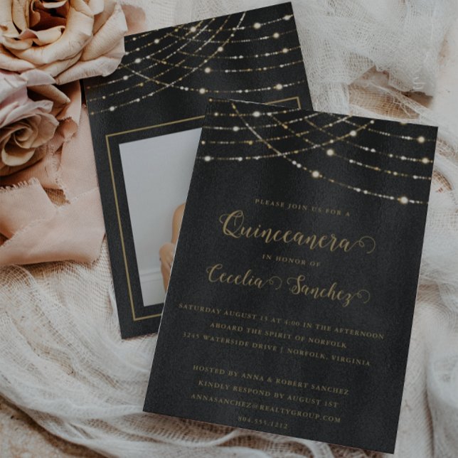 Elegant Guld String Ljus Photo Quinceanera Inbjudningar (Skapare uppladdad)
