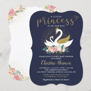 Elegant Guld Svan Princess Rosa Blommigt Baby Show Inbjudningar