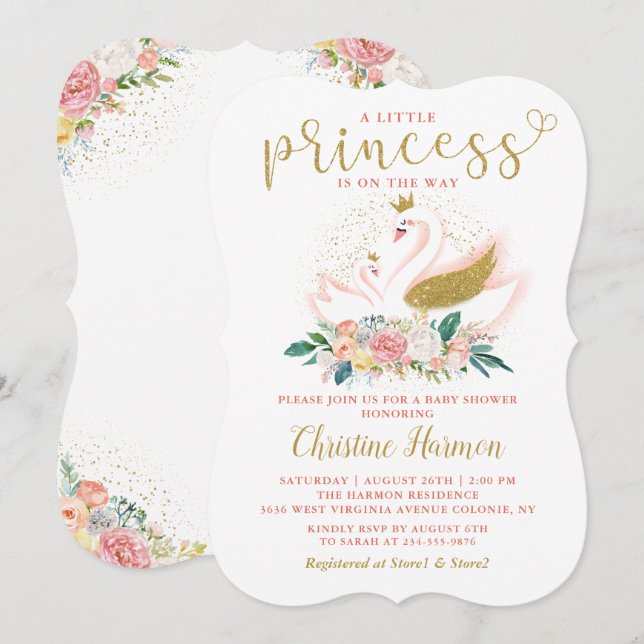 Elegant Guld Svan Princess Rosa Blommigt Baby Show Inbjudningar (Fram/baksida)