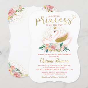 Elegant Guld Svan Princess Rosa Blommigt Baby Show Inbjudningar