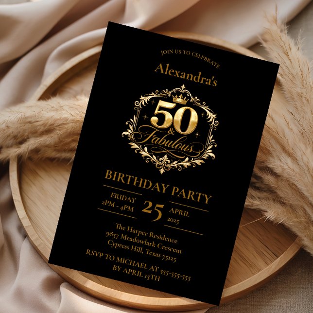 Elegant Guld Svart 50-årsfirande Inbjudningar (Skapare uppladdad)