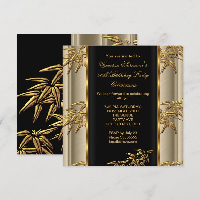 Elegant Guld Svart Asiatisk Bambu Karamell Beige Inbjudningar (Fram/baksida)