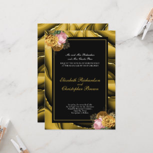 Elegant Guld Svart Blommig Kant Bröllop Inbjudningar