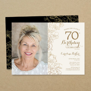 Elegant guld svart blomsterfoto 70-årsdag inbjudningar