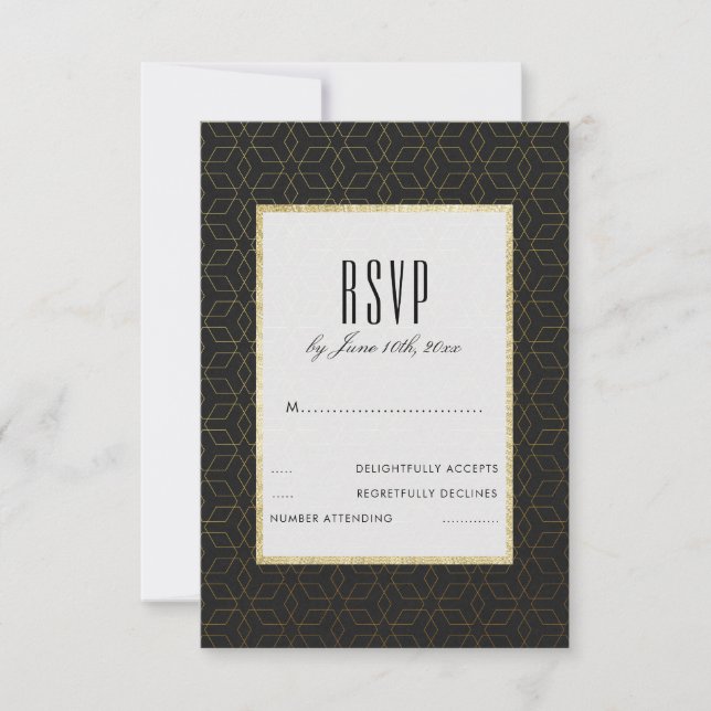 Elegant Guld & Svart Bröllops RSVP OSA Kort (Framsida)