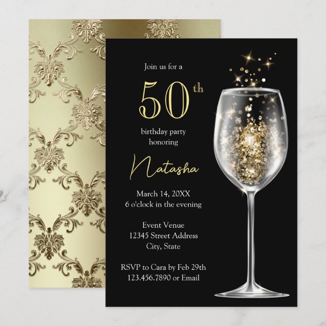 Elegant guld svart damask 50-års födelsedagsfest inbjudningar (Fram/baksida)