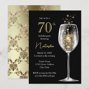 Elegant guld svart damask 70-årsfirande inbjudningar