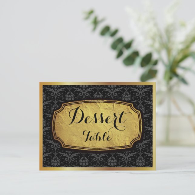 Elegant guld svart Damask efterrätstavla skylt Vykort (Stående Fram)