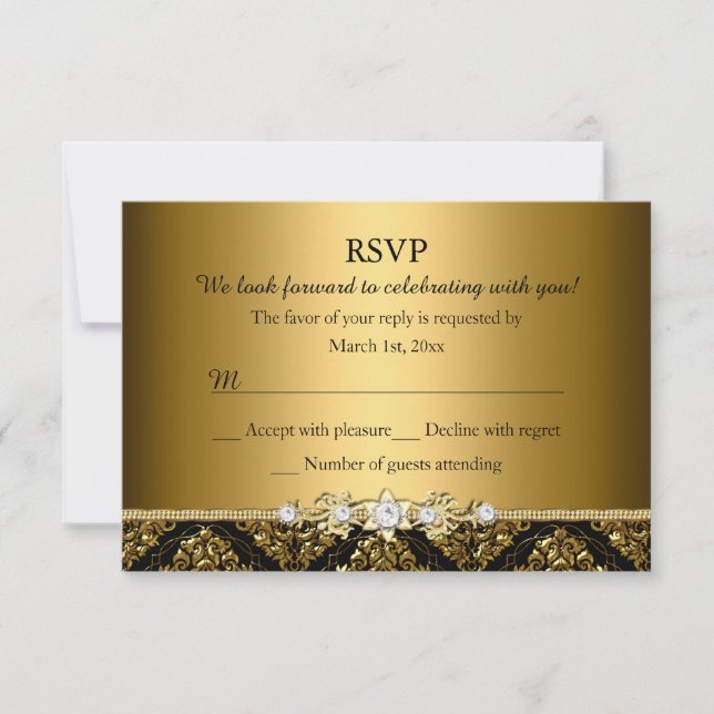 Elegant Guld & Svart Damask RSVP OSA Kort (Framsida)