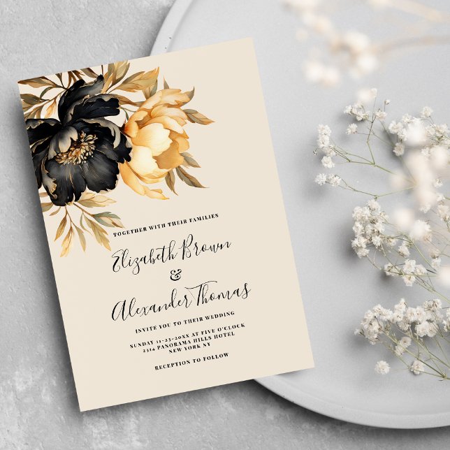Elegant guld, svart elfenbensmint, blommigt bröllo inbjudningar (Elegant gold black ivory mint peony floral wedding)