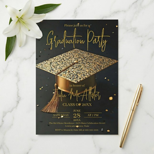 Elegant Guld Svart Falsk Glitter Hatt Examen Inbjudningar (Skapare uppladdad)