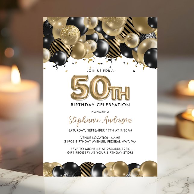 Elegant guld svart glitter 50-års födelsedagsinbju vykort (Elegant Gold Black Glitter 50th Birthday Invite)