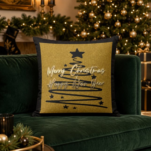 Elegant guld svart God jul Gott nytt år Kudde (Skapare uppladdad)