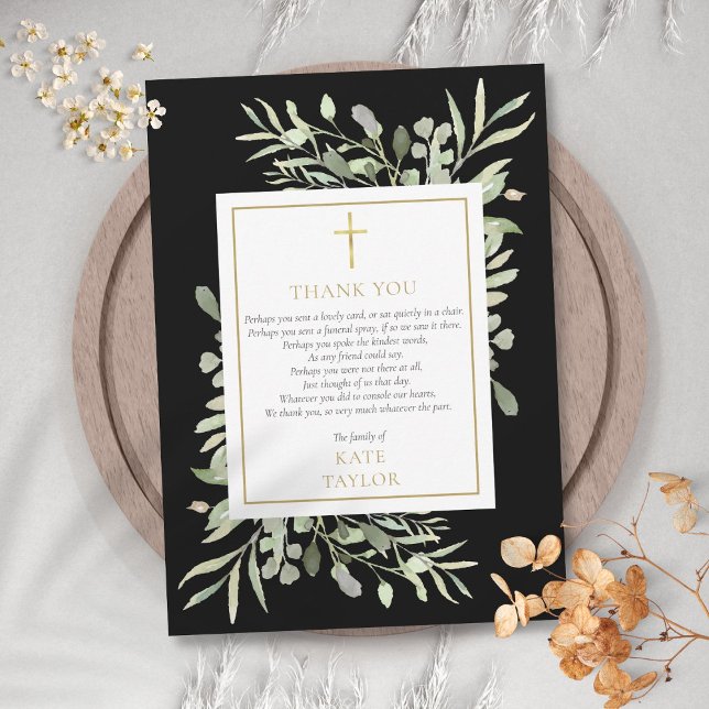Elegant guld svart grönska begravning dikt tack kort (Elegant Gold Black Greenery Funeral Poem Thank You Card)