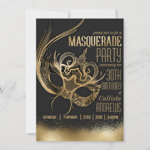 Elegant guld svart maskeradmask födelsedagsfest inbjudningar