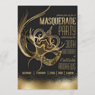 Elegant guld svart maskeradmask födelsedagsfest inbjudningar