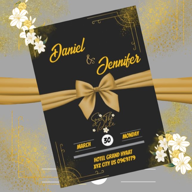 Elegant guld & svart med vit blomsterbröllop  spara datumet (Skapare uppladdad)