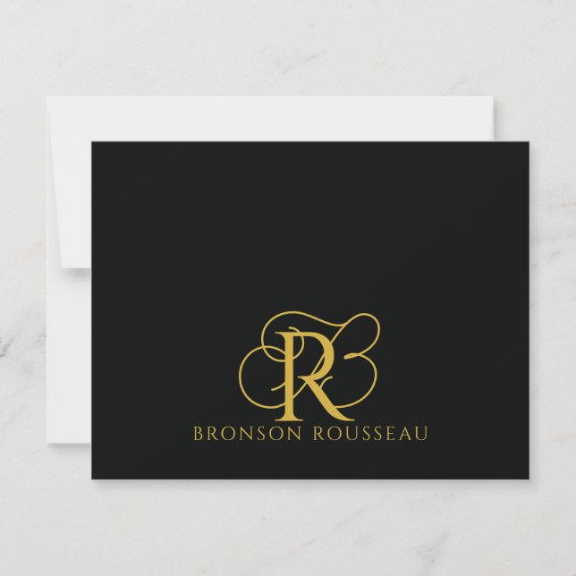 Elegant guld svart monogram  anteckningskort (Framsida)