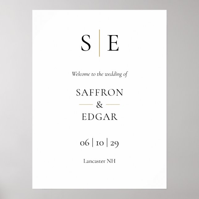 Elegant guld svart monogram bröllopsväxlingsskylt poster (Framsidan)