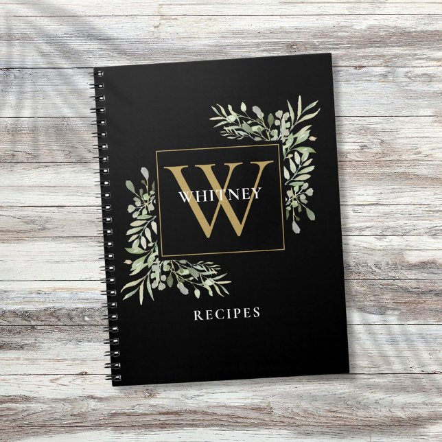 Elegant guld svart monogram grönska recept anteckningsbok (Elegant Gold Black Monogram Greenery Recipe Notebook)