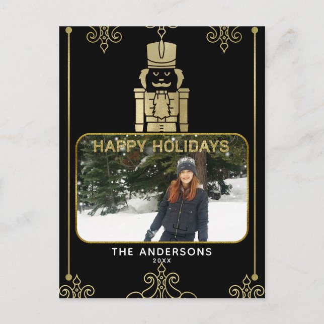 Elegant guld & svart nötknäppare semesterfoto helg vykort (Framsida)