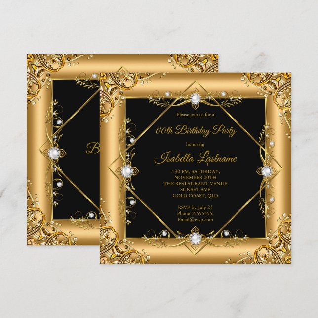 Elegant guld svart pärl födelsedagsfest inbjudningar (Fram/baksida)