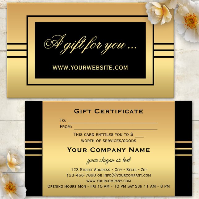 Elegant Guld Svart presentationscertifikatmall Rabattkort (Elegant business card sized gift card voucher in gold and black with stripes)