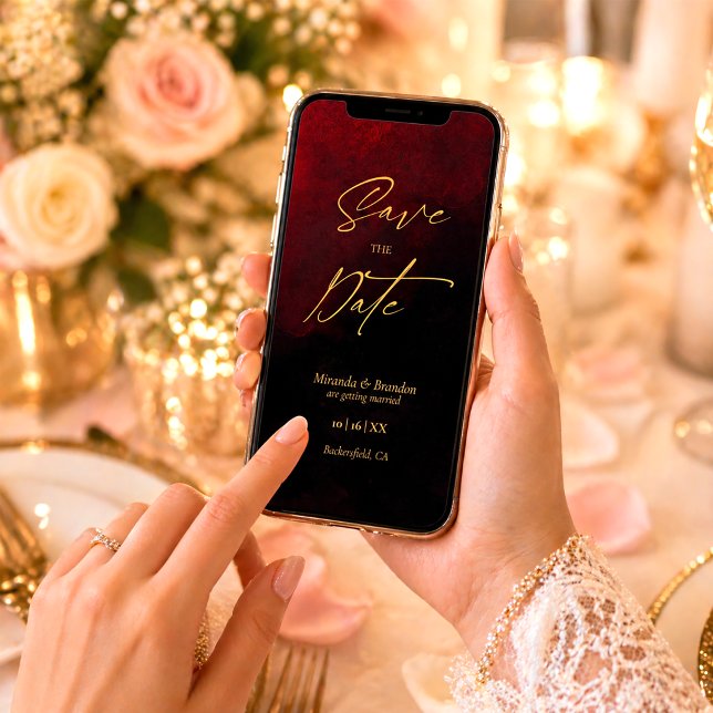 Elegant guld svart röd bröllopskort Save the Date- Spara Datumet (Skapare uppladdad)