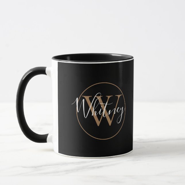 Elegant guld svart script monogram namn mugg (Vänster)