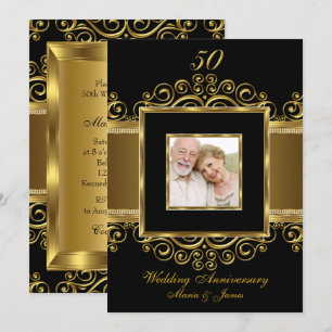 Elegant guld & svart virvel Foto 50-årsjubileum Inbjudningar