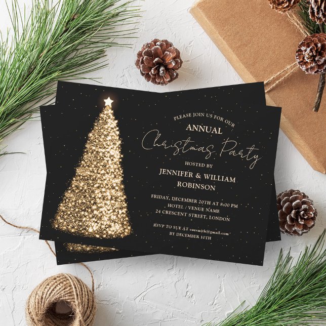 Elegant Guld Svarta Julafton Träd-Gnistran, Julfes Inbjudningar (Elegant Gold Black Xmas Tree Sparkle Holiday Party Invitation)