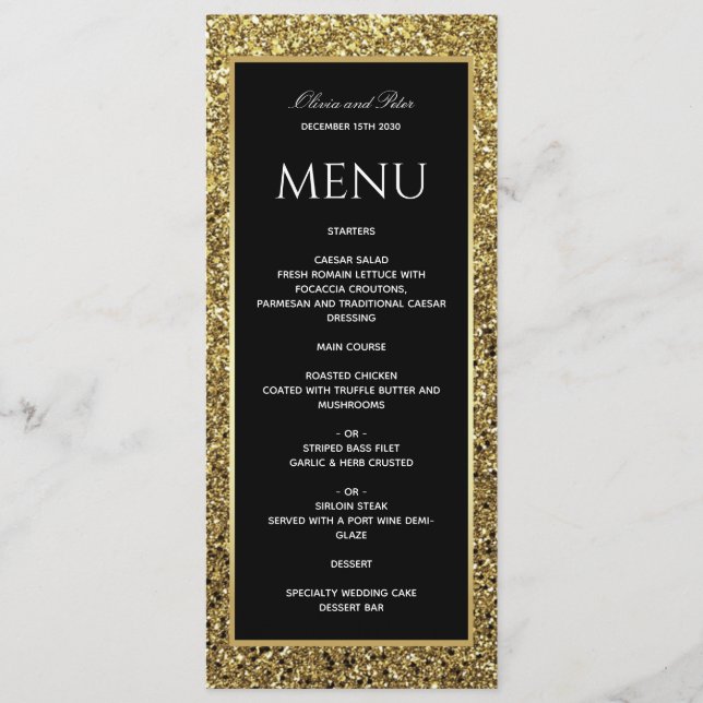 Elegant Guld Svarta och vita Bröllop Meny (Framsida)