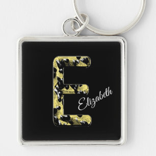 Elegant Guld Svarta Vintagen Stil Brev E Monogram Fyrkantig Silverfärgad Nyckelring
