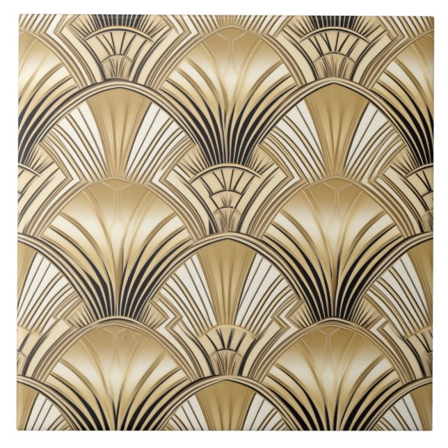 Elegant guld svartkonst deco mönster kakelplatta (Framsidan)