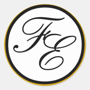 Elegant Guld Svartvit Monogram Bröllop säl Runt Klistermärke