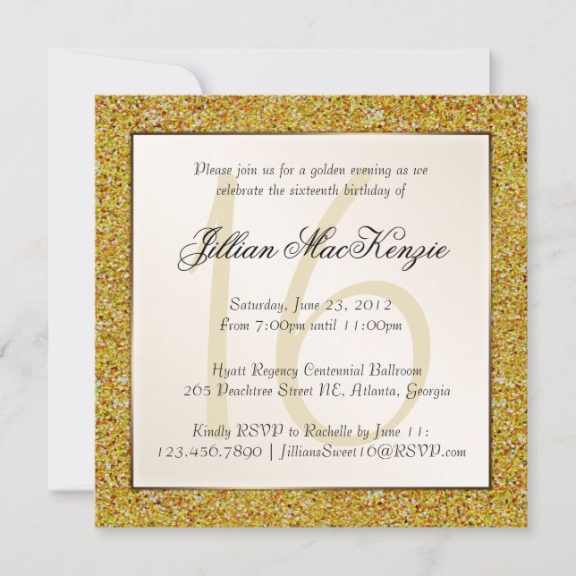Elegant Guld Sweet 16 Faux Glitter Inbjudan (Framsida)