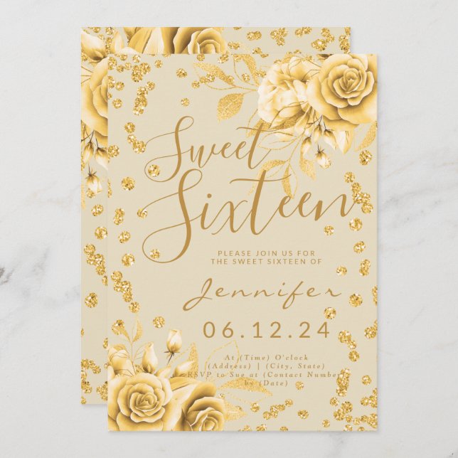 Elegant Guld Sweet 16 Glitter Konfetti Blommigt Inbjudningar (Fram/baksida)