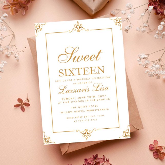 Elegant Guld Sweet sixteen 16 födelsedag Inbjudningar (Skapare uppladdad)