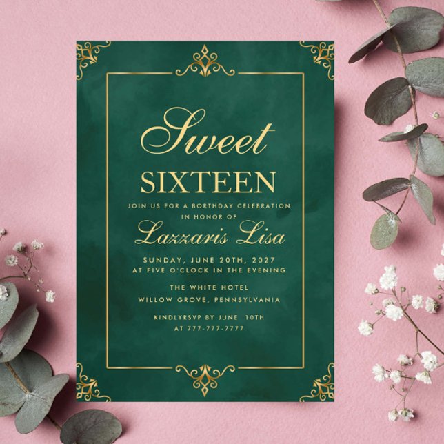 Elegant Guld Sweet sixteen 16 Gröntens födelsedag Inbjudningar (Skapare uppladdad)
