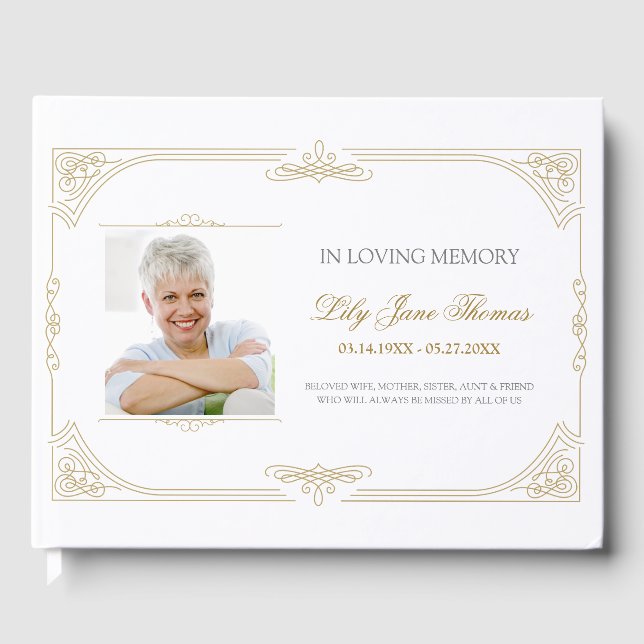 Elegant Guld Swirl Funeral Guest Bok | Redigera Fä (Framsida)