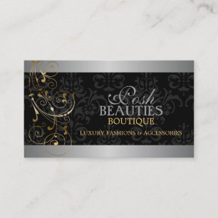 Elegant Guld Swirls and Black Damask Visitkort