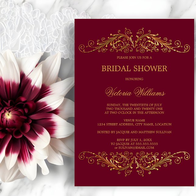 Elegant Guld Swirls Burgundy Vin Inbjudningar (Elegant gold swirls invitation front view.  Gold and burgundy bridal shower invitation.)