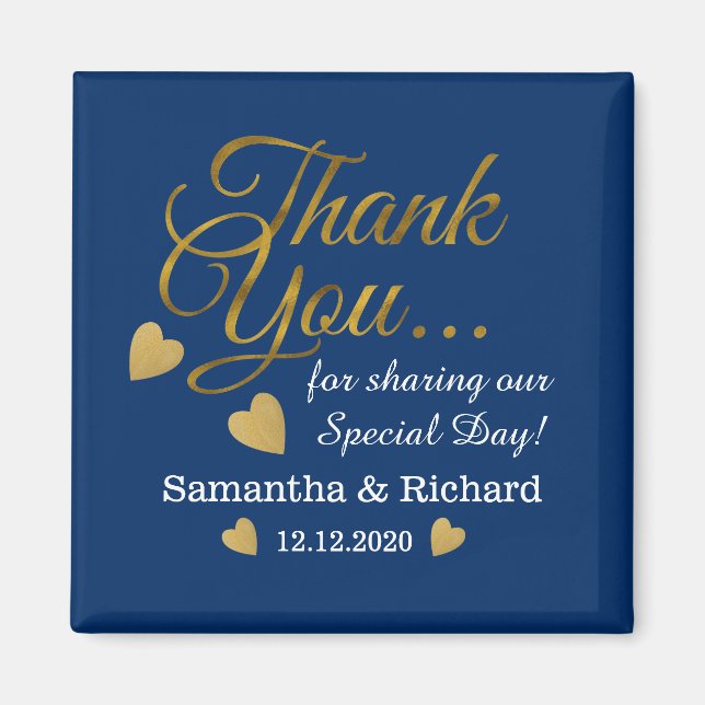 Elegant Guld Tack Blue Wedding Favor Magnet (Framsidan)