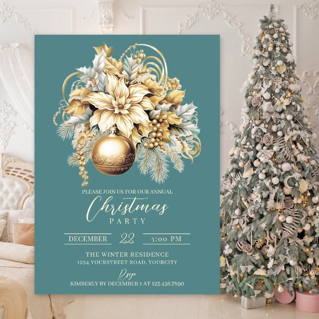 Elegant, guld-talets lyxjul inbjudningar (Gold luxury elegant Christmas party invitation)