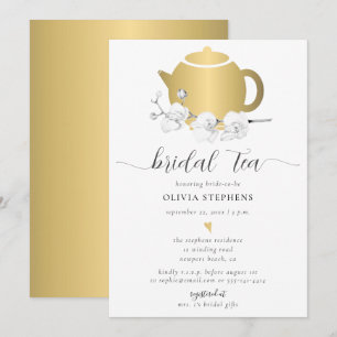 Elegant Guld Tea Pot Orchid Blommigt Chic Möhippa Inbjudningar