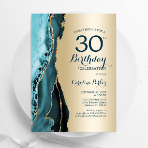 Elegant Guld Teal Agate 30års födelsedag Inbjudningar